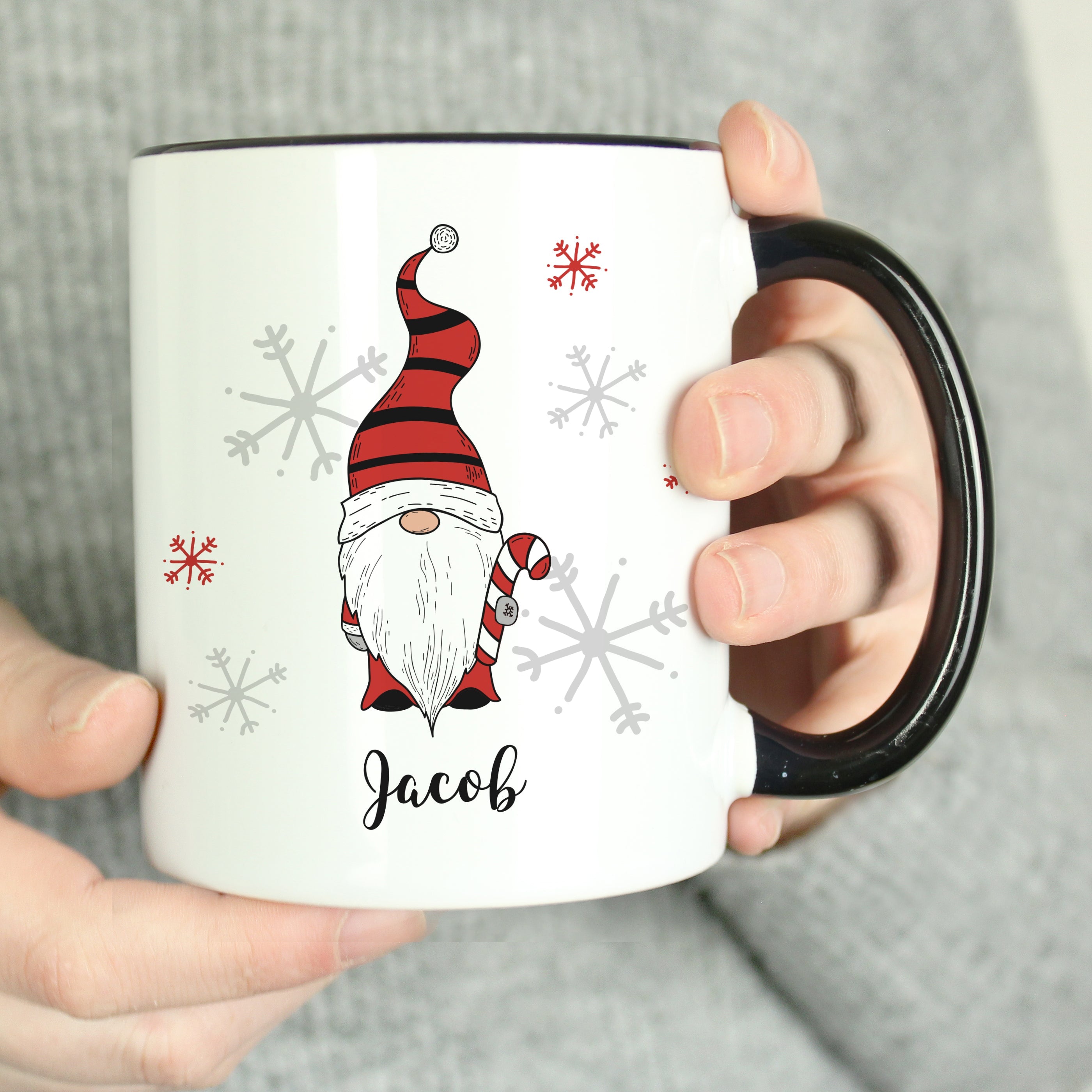 Mugs Personalised Gonk Family Black Handled Christmas Mug - Boy