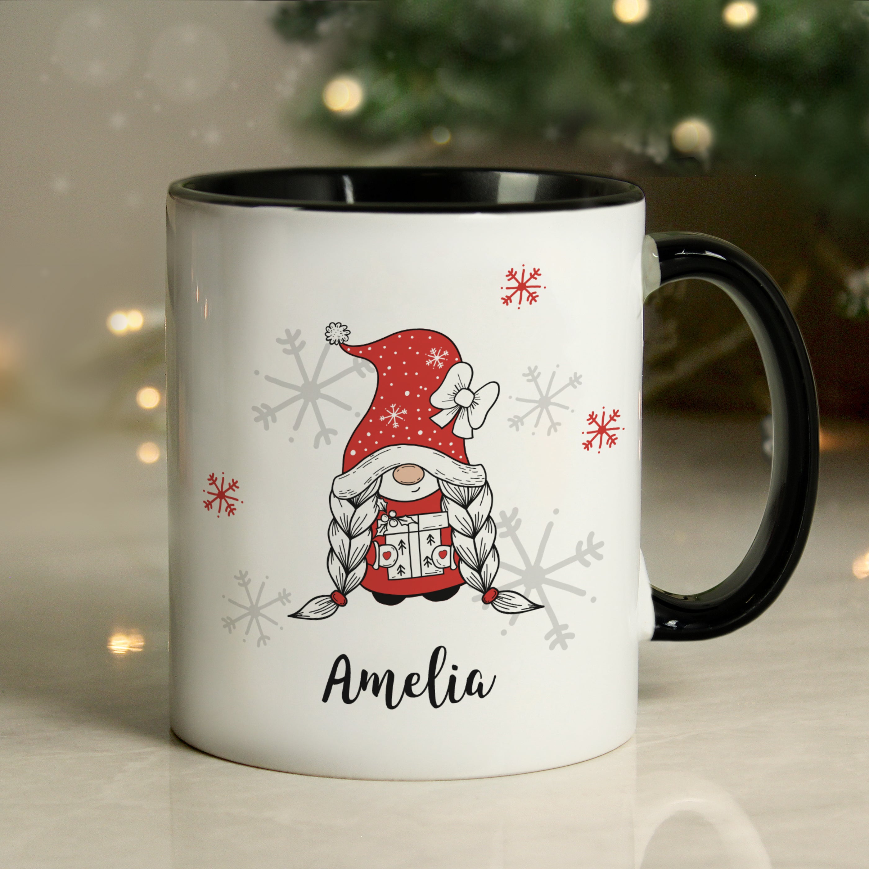 Mugs Personalised Gonk Family Black Handled Christmas Mug - Girl