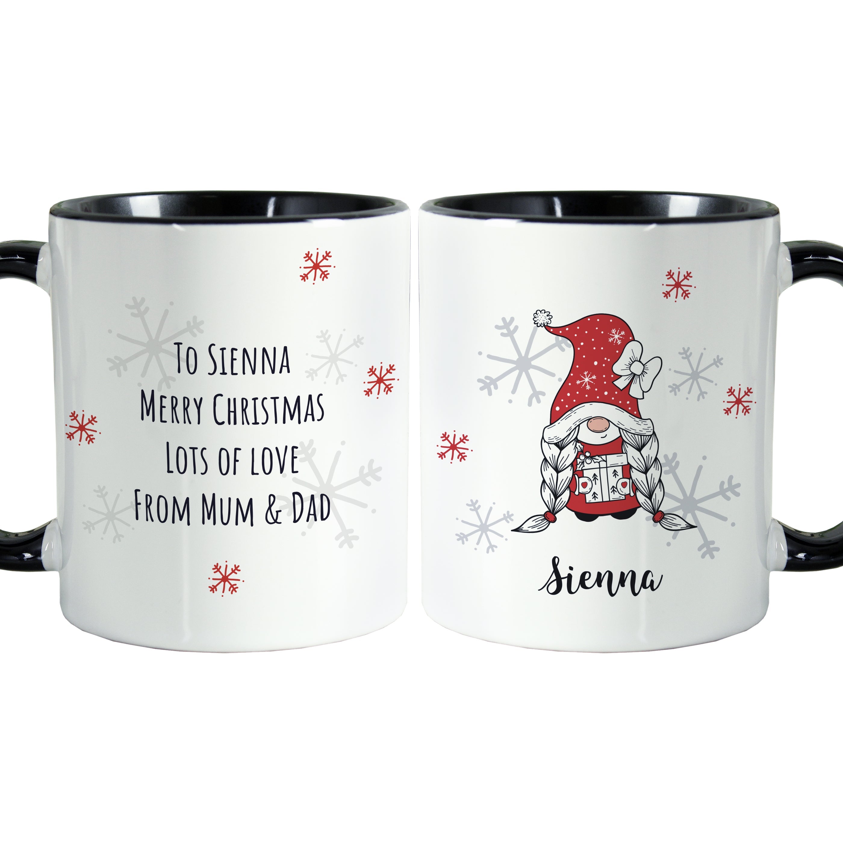 Mugs Personalised Gonk Family Black Handled Christmas Mug - Girl