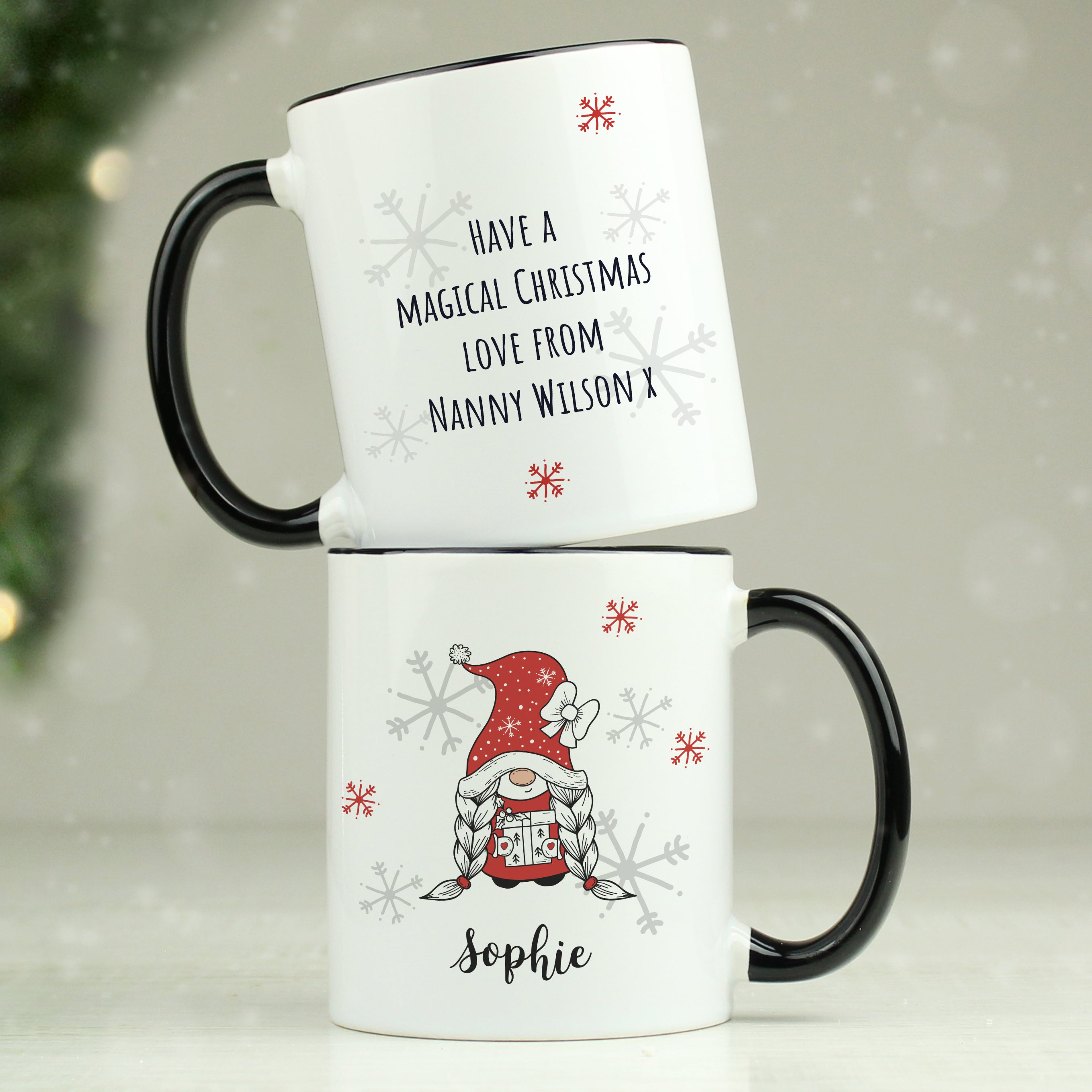 Mugs Personalised Gonk Family Black Handled Christmas Mug - Girl