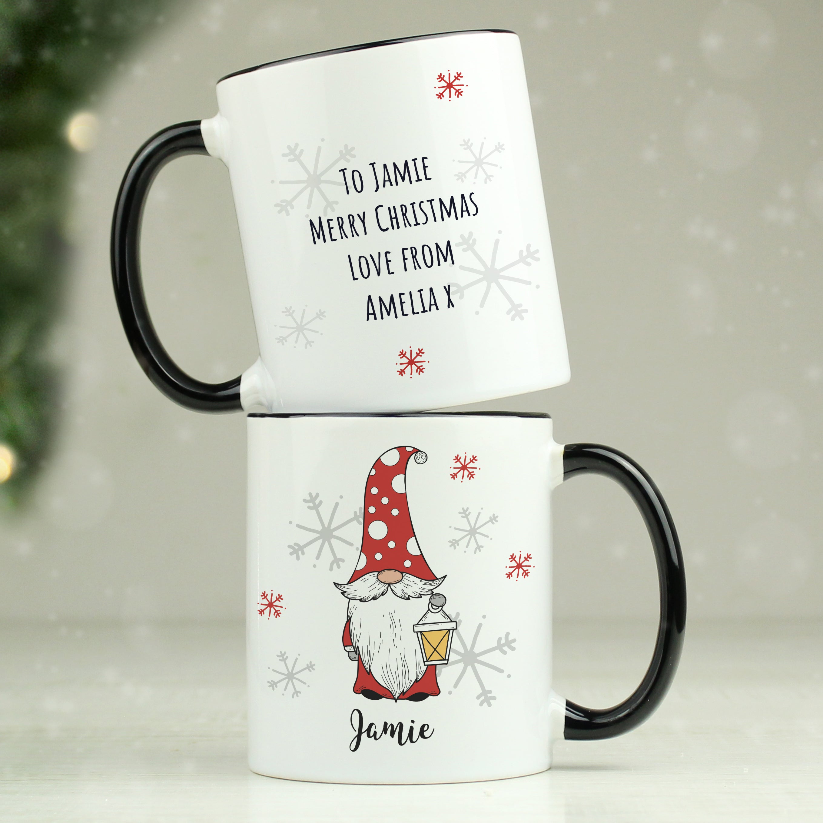 Mugs Personalised Gonk Family Black Handled Christmas Mug - Male