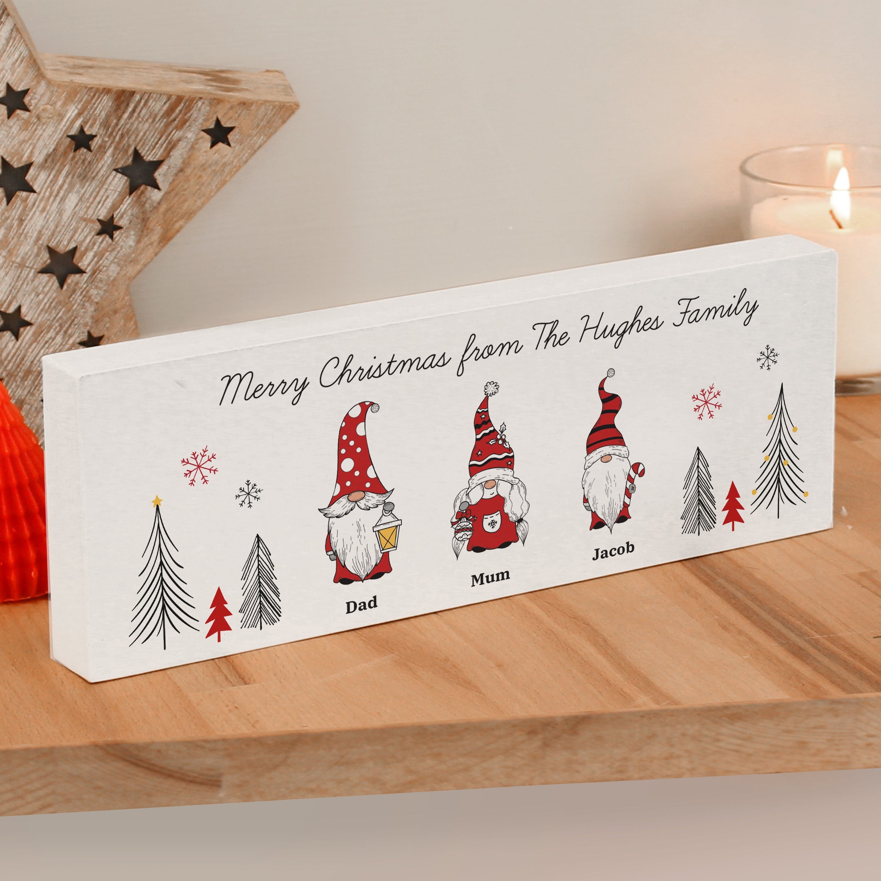 Christmas Decorations Personalised Gonk Family Christmas Wooden Mantel Decoration