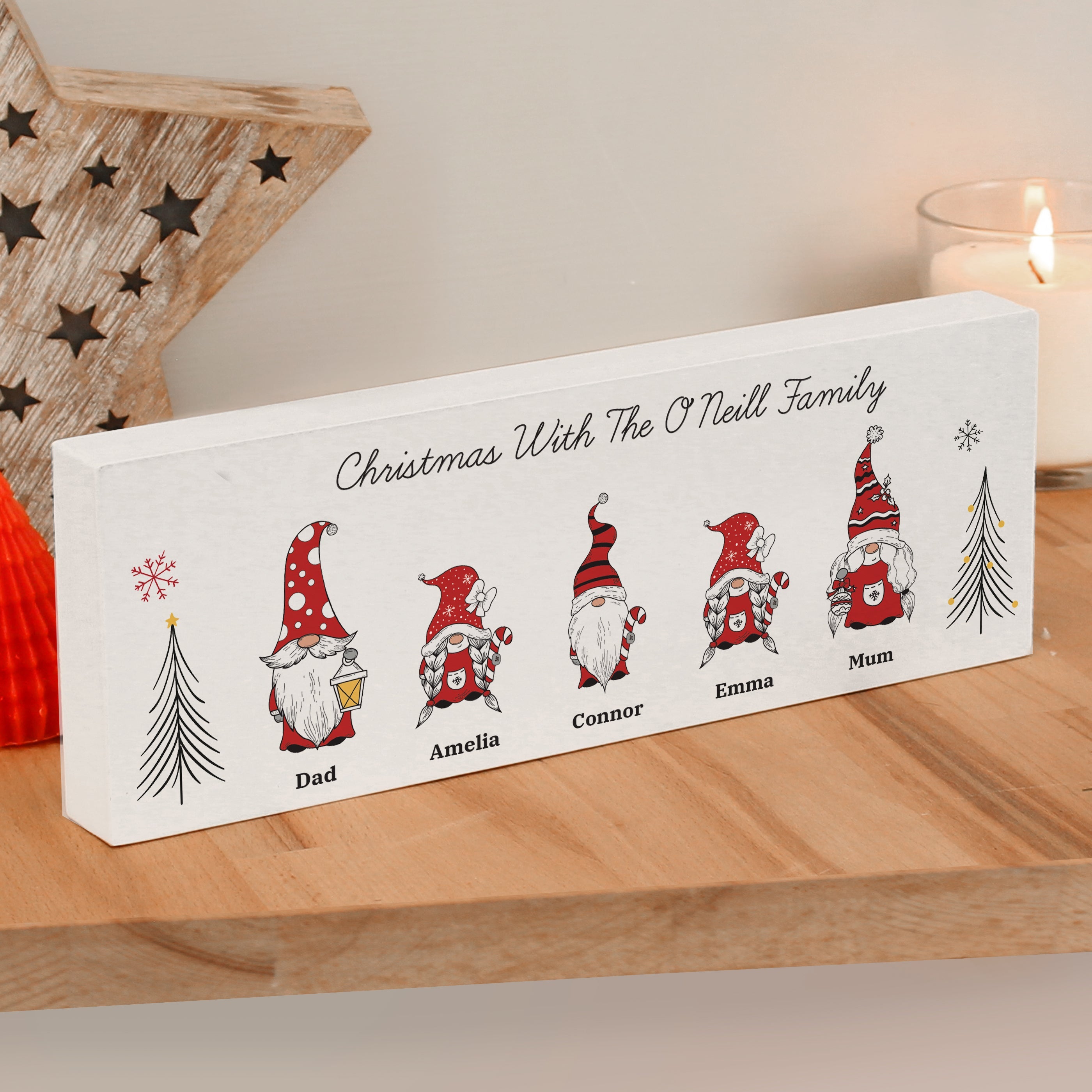Christmas Decorations Personalised Gonk Family Christmas Wooden Mantel Decoration