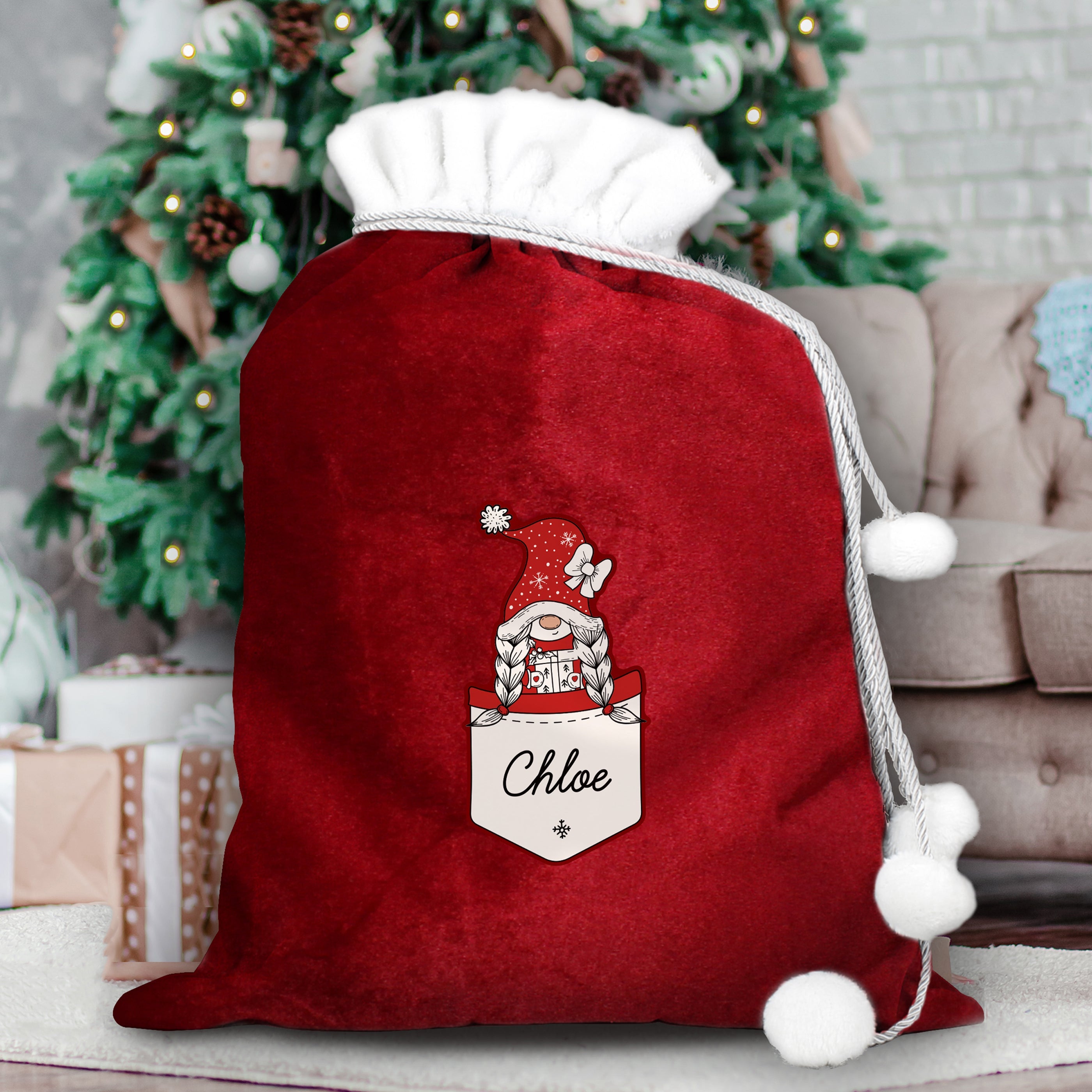 Christmas Decorations Personalised Gonk Family Red Christmas Sack - Girl