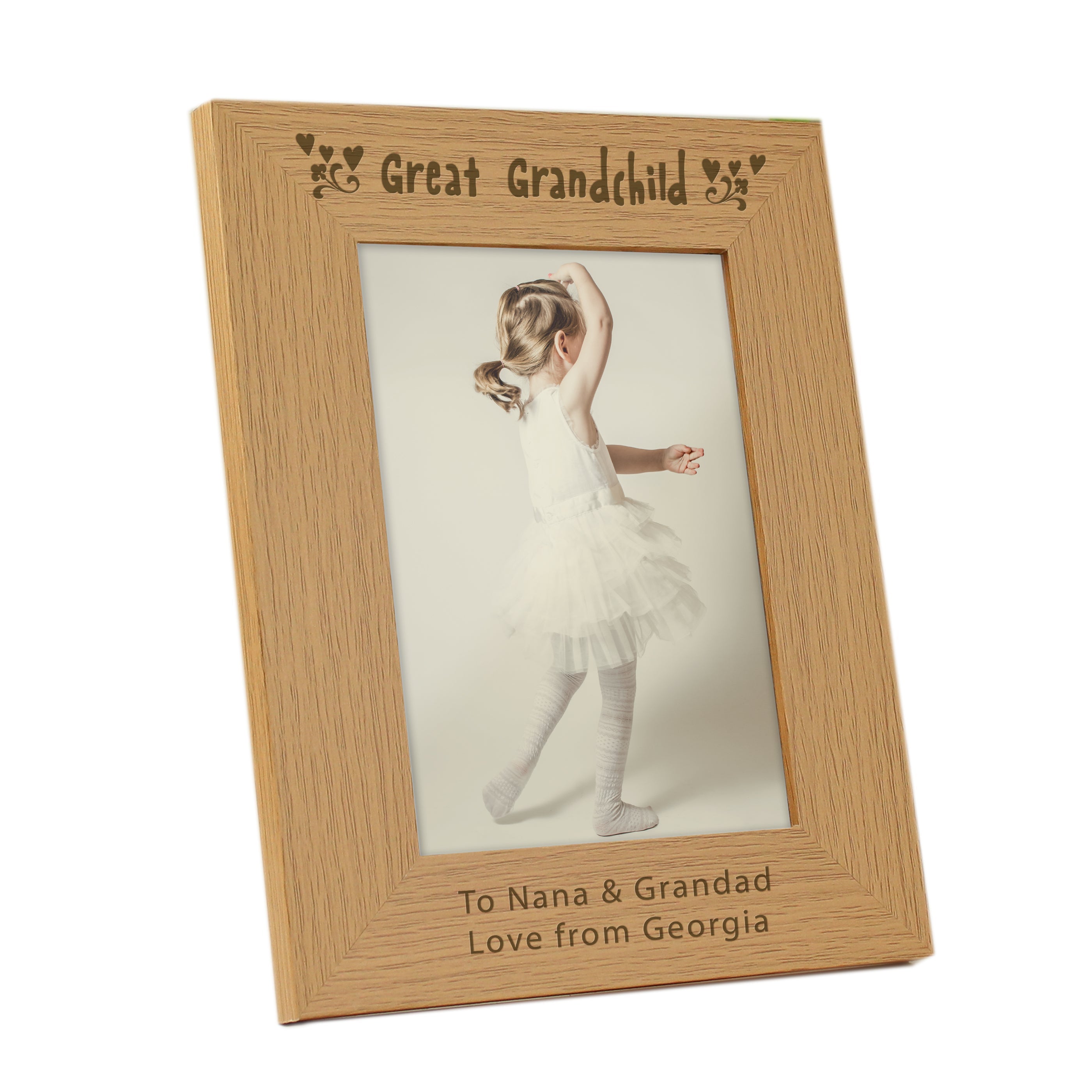 Photo Frames, Albums and Guestbooks Personalised Great Grandchild 5x7 Oak Finish Photo Frame