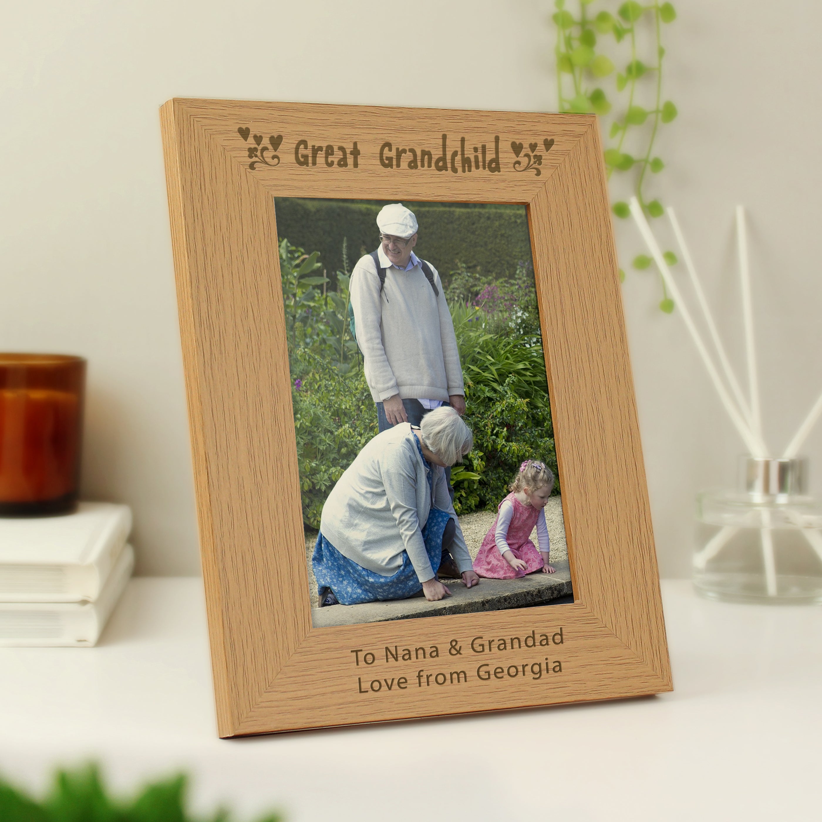 Photo Frames, Albums and Guestbooks Personalised Great Grandchild 5x7 Oak Finish Photo Frame