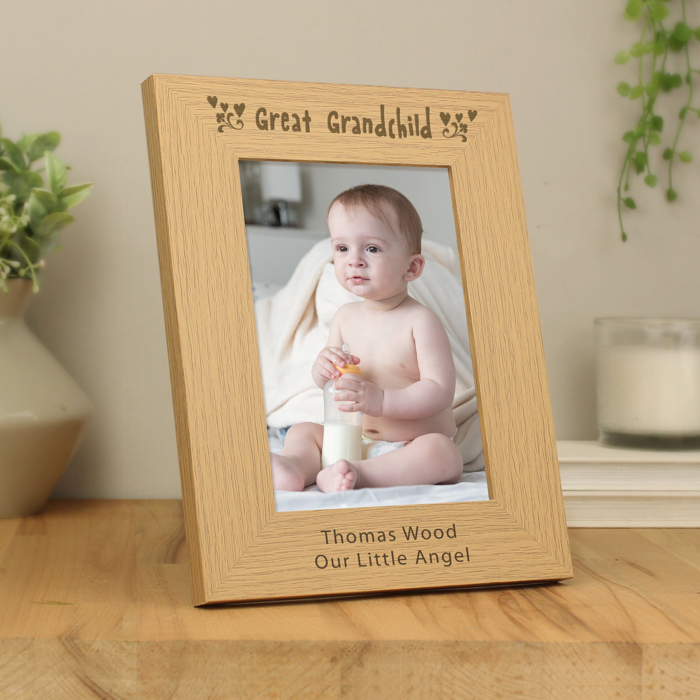 Photo Frames, Albums and Guestbooks Personalised Great Grandchild 5x7 Oak Finish Photo Frame
