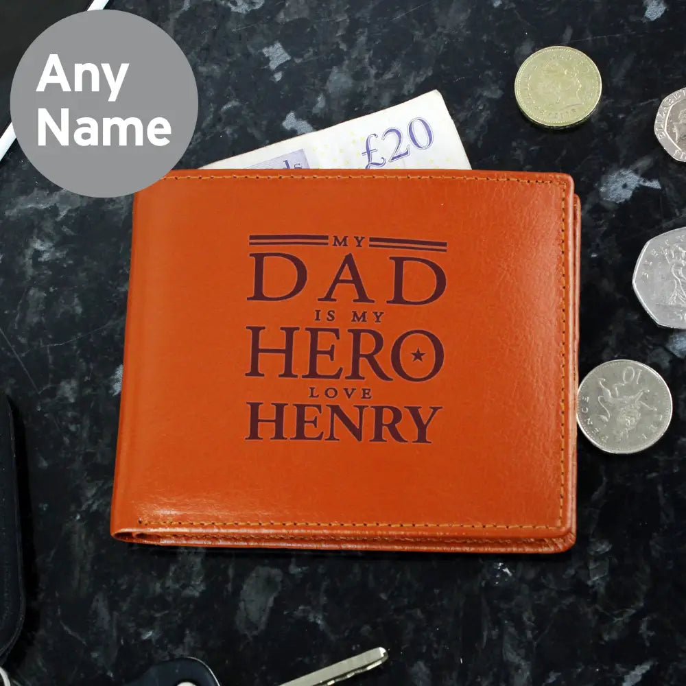 Leather & Leatherette Personalised My Dad is My Hero Tan Leather Wallet