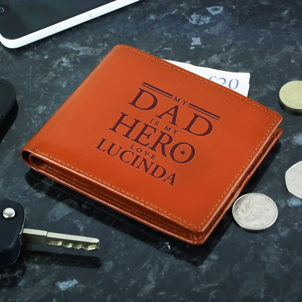Leather & Leatherette Personalised My Dad is My Hero Tan Leather Wallet