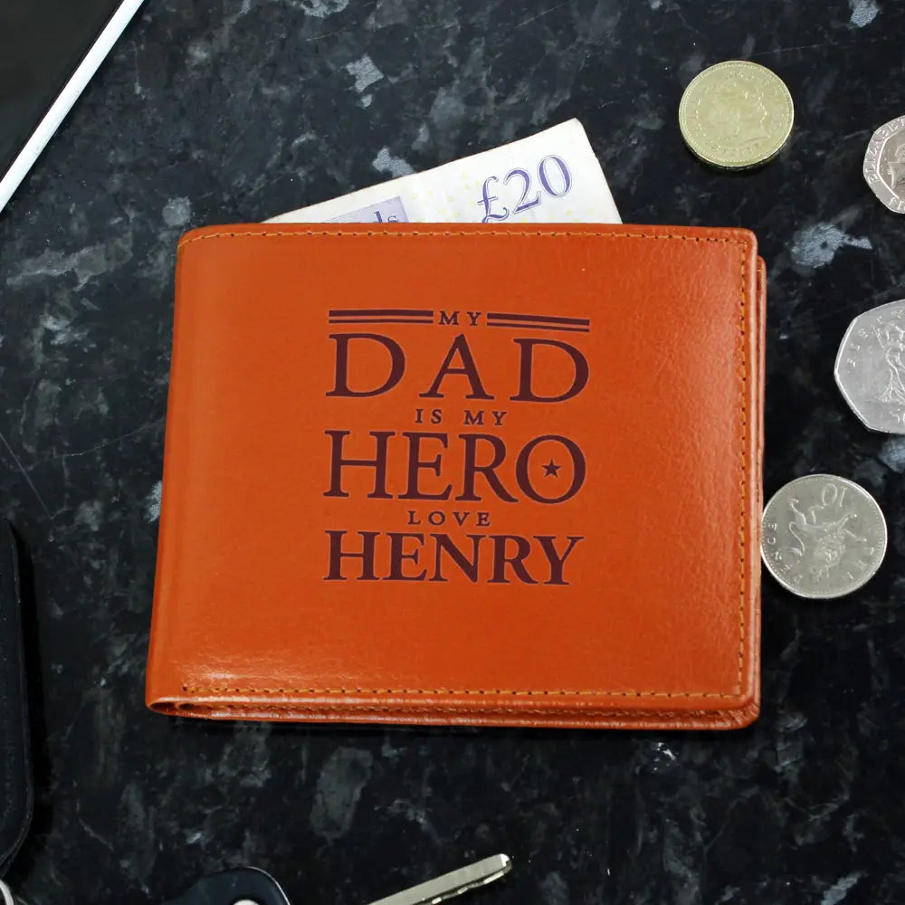 Leather & Leatherette Personalised My Dad is My Hero Tan Leather Wallet