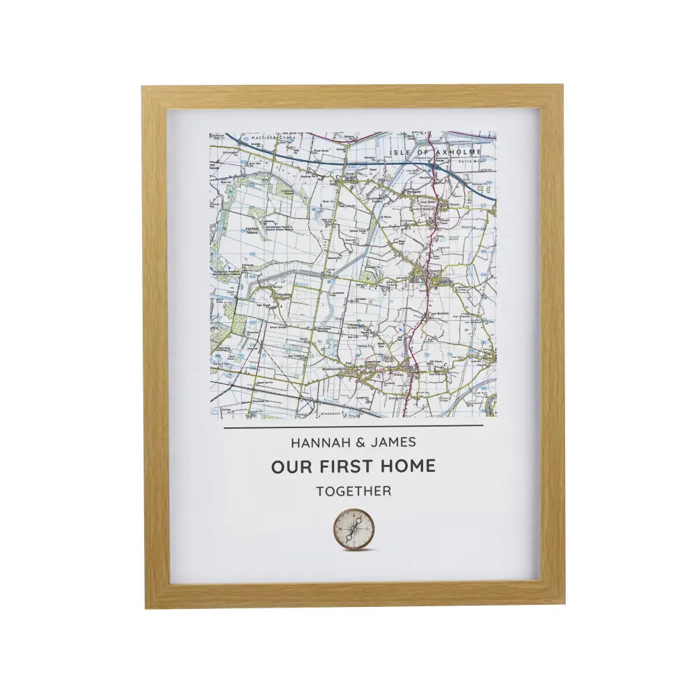 Framed Prints Personalised Present Day Map Compass Oak Poster Frame