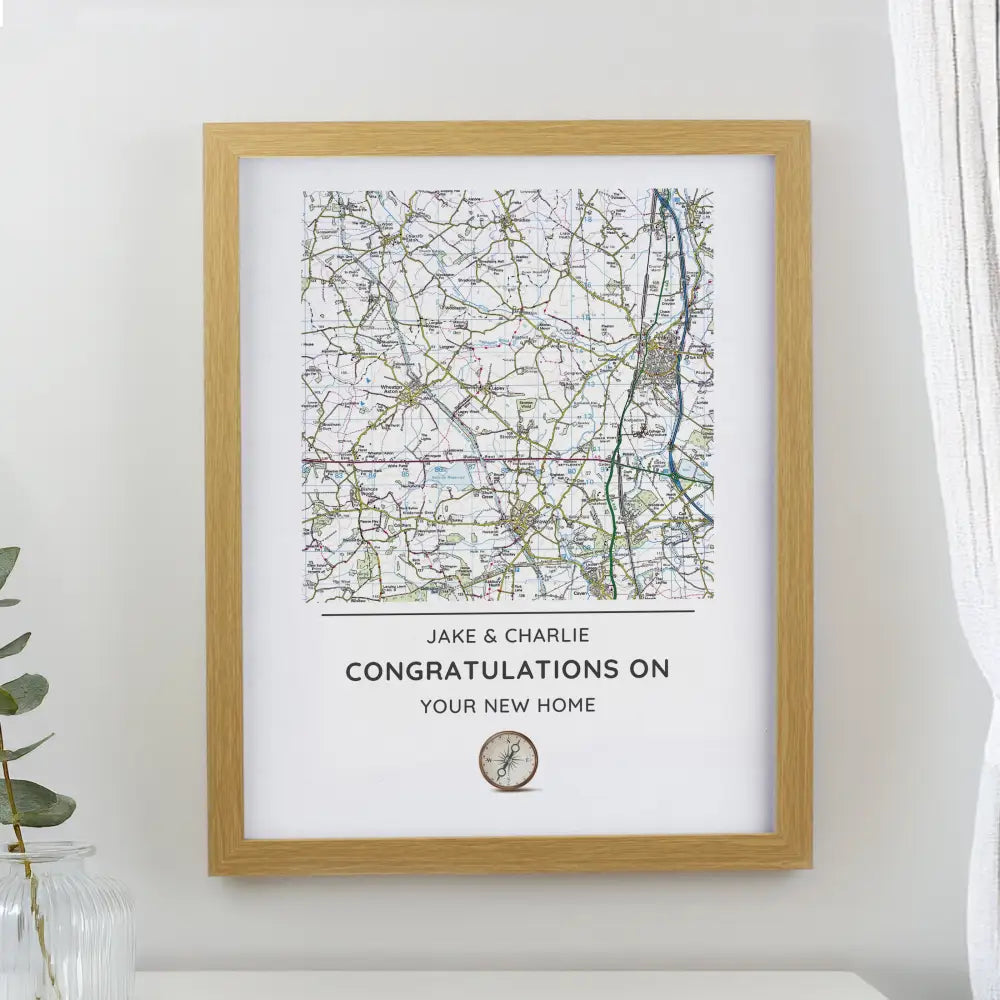 Framed Prints Personalised Present Day Map Compass Oak Poster Frame