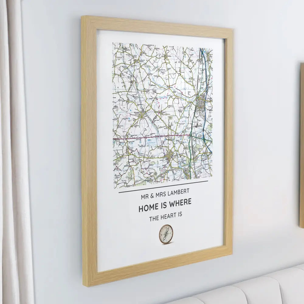 Framed Prints Personalised Present Day Map Compass Oak Poster Frame