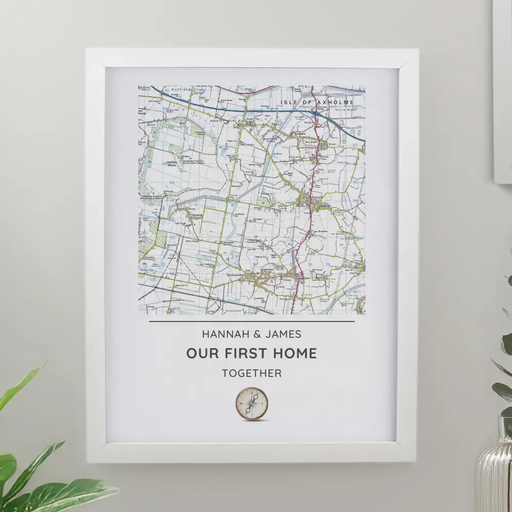 Framed Prints Personalised Present Day Map Compass White Poster Frame