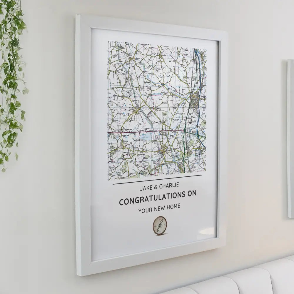 Framed Prints Personalised Present Day Map Compass White Poster Frame