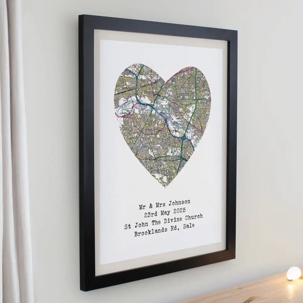 Poster Frames Personalised Present Day Map Heart Black Poster Frame