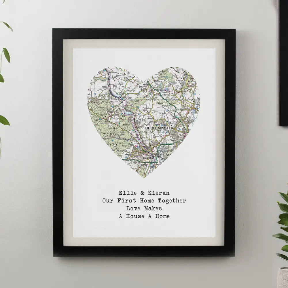 Poster Frames Personalised Present Day Map Heart Black Poster Frame