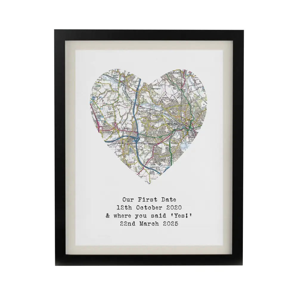 Poster Frames Personalised Present Day Map Heart Black Poster Frame