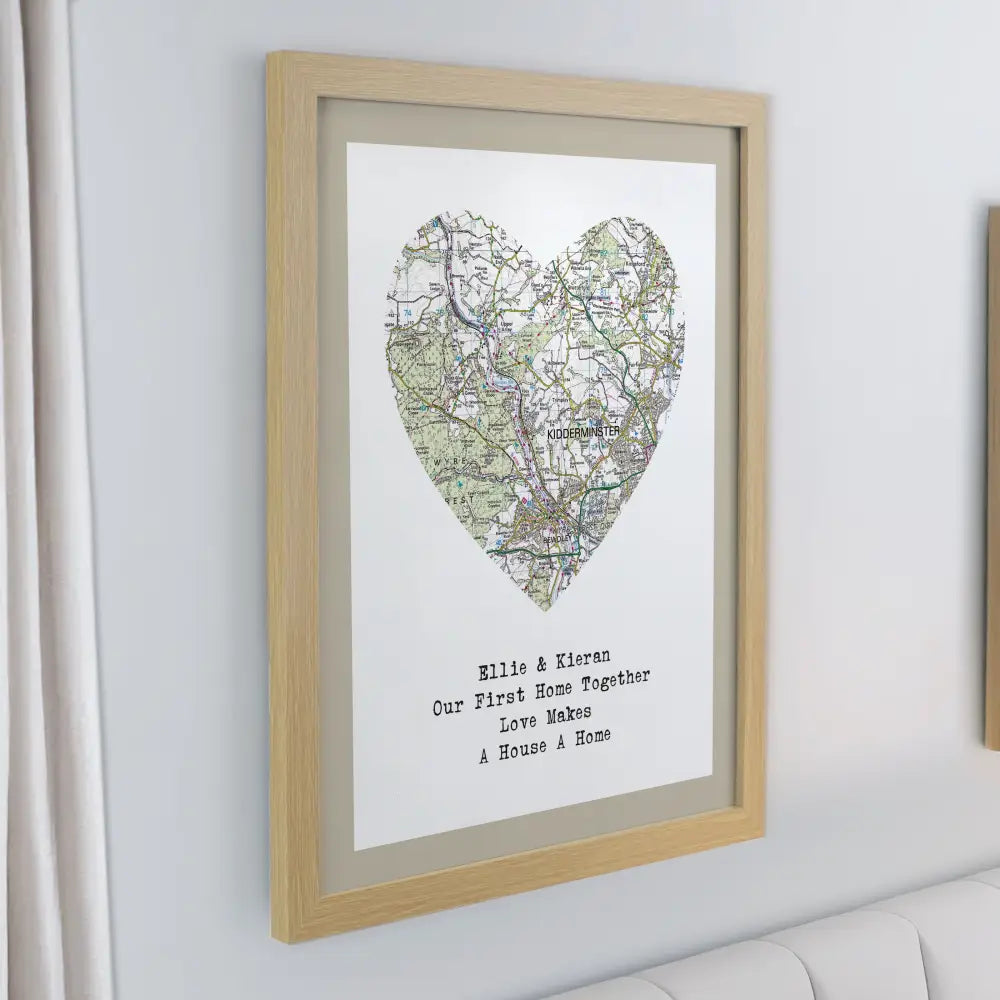 Poster Frames Personalised Present Day Map Heart Oak Poster Frame
