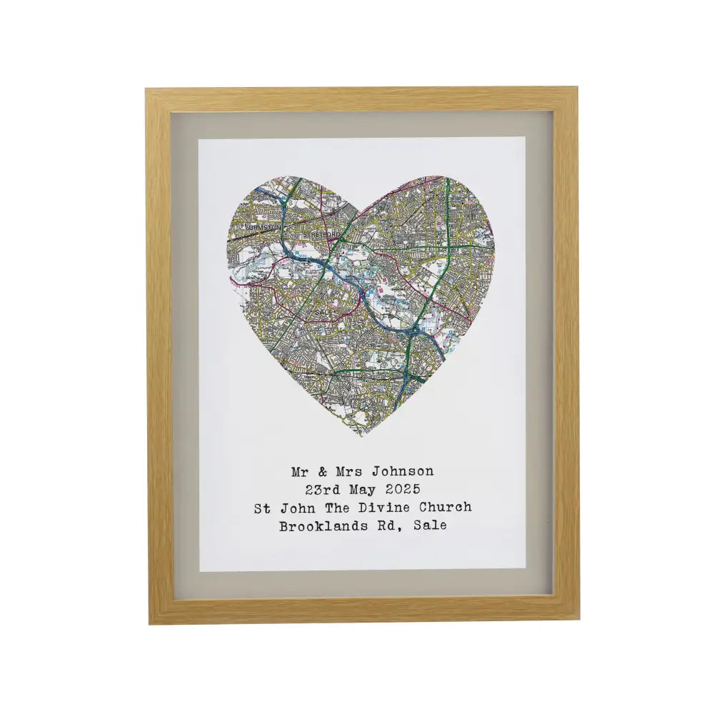 Poster Frames Personalised Present Day Map Heart Oak Poster Frame