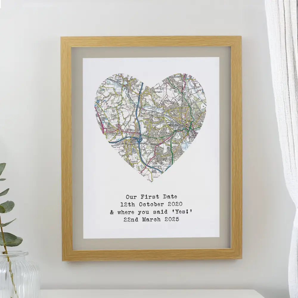 Poster Frames Personalised Present Day Map Heart Oak Poster Frame