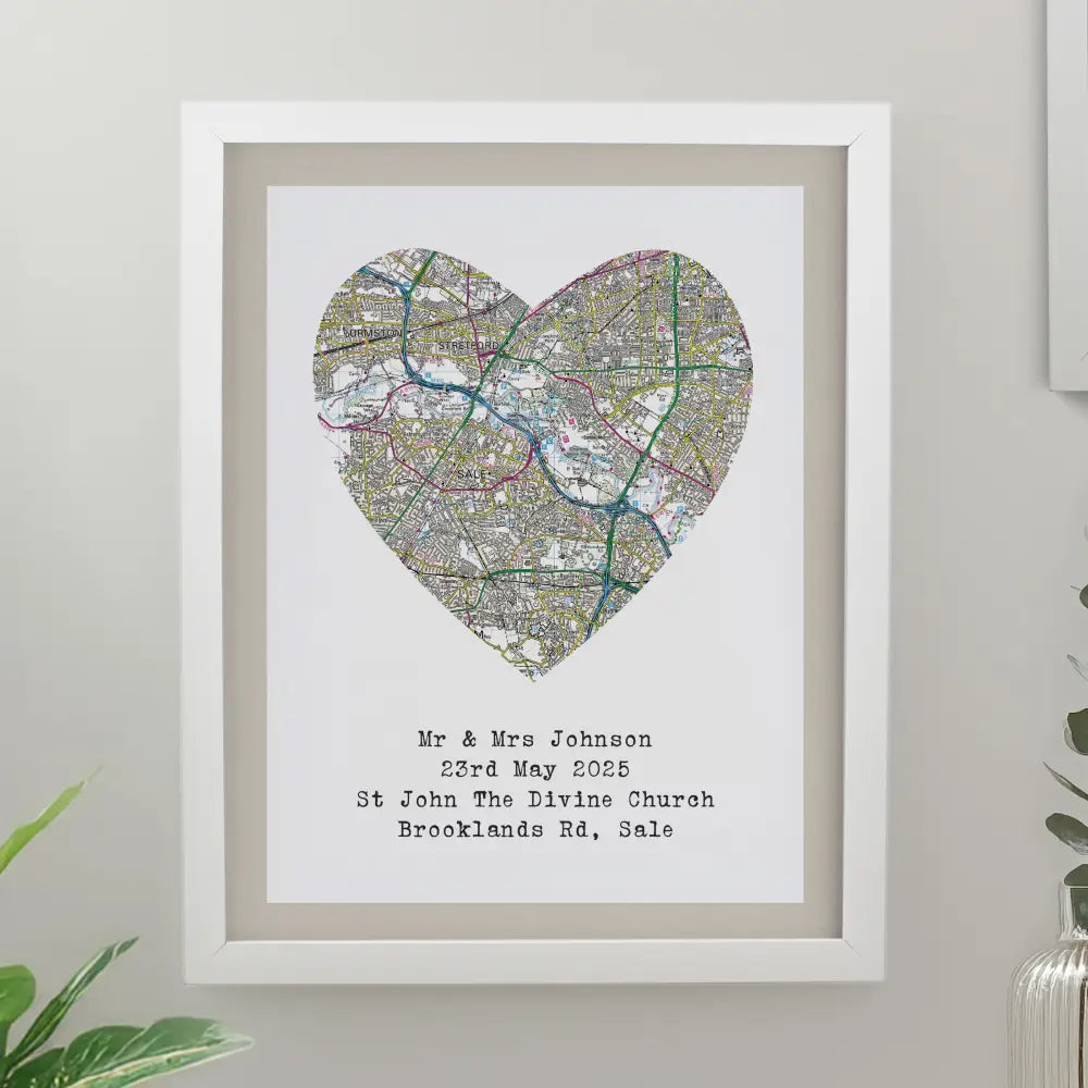 Poster Frames Personalised Present Day Map Heart White Poster Frame