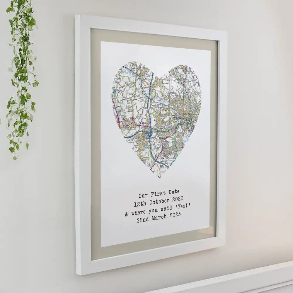Poster Frames Personalised Present Day Map Heart White Poster Frame