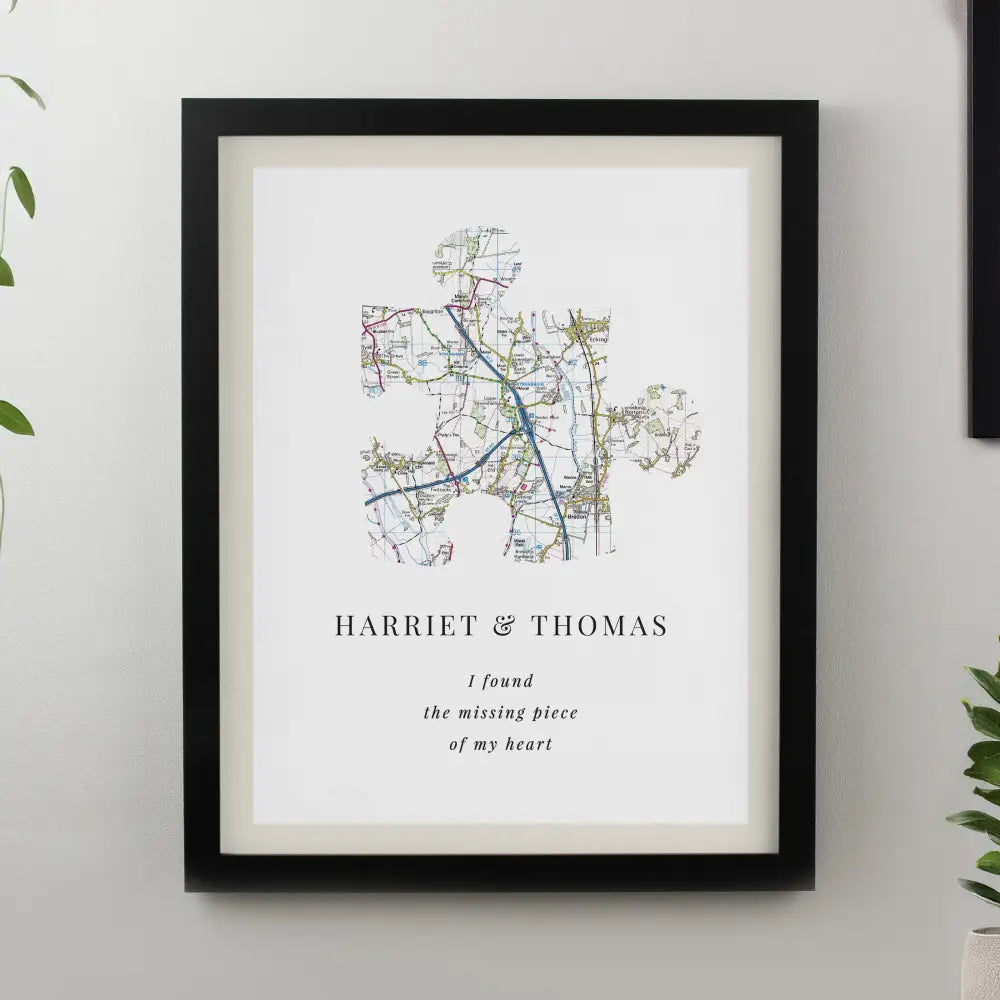 Poster Frames Personalised Present Day Map Puzzle Piece Black Poster Frame