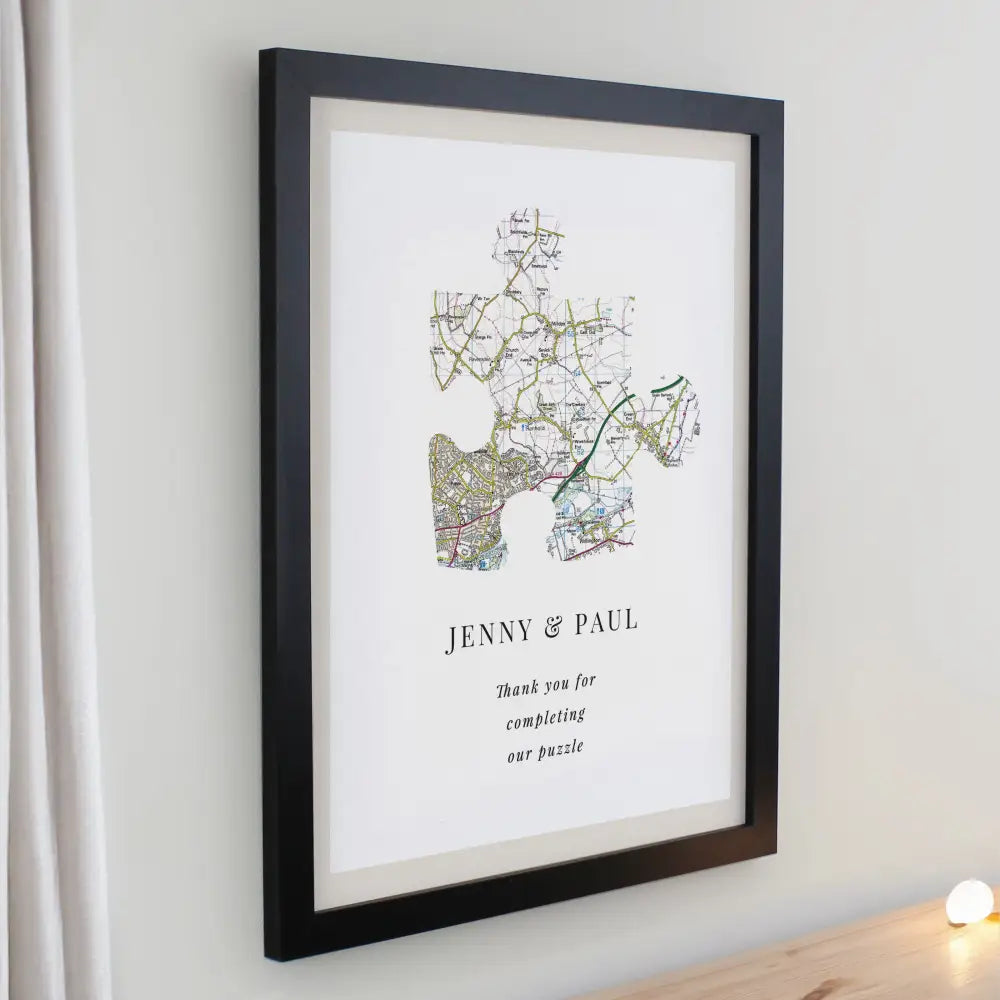 Poster Frames Personalised Present Day Map Puzzle Piece Black Poster Frame