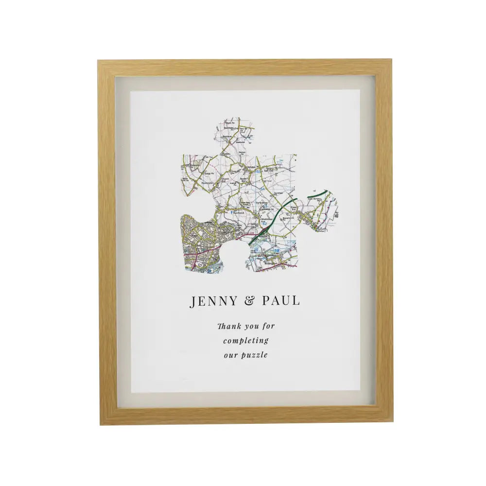 Framed Prints Personalised Present Day Map Puzzle Piece Oak Poster Frame