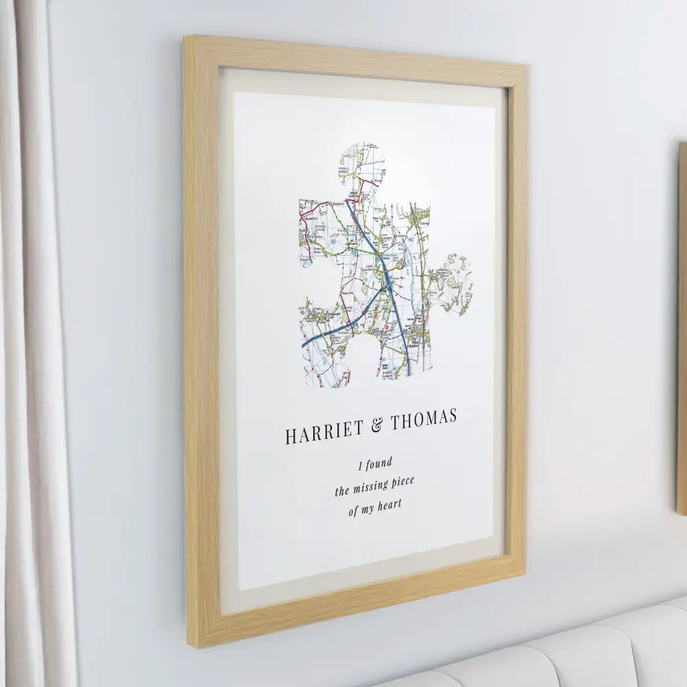Framed Prints Personalised Present Day Map Puzzle Piece Oak Poster Frame