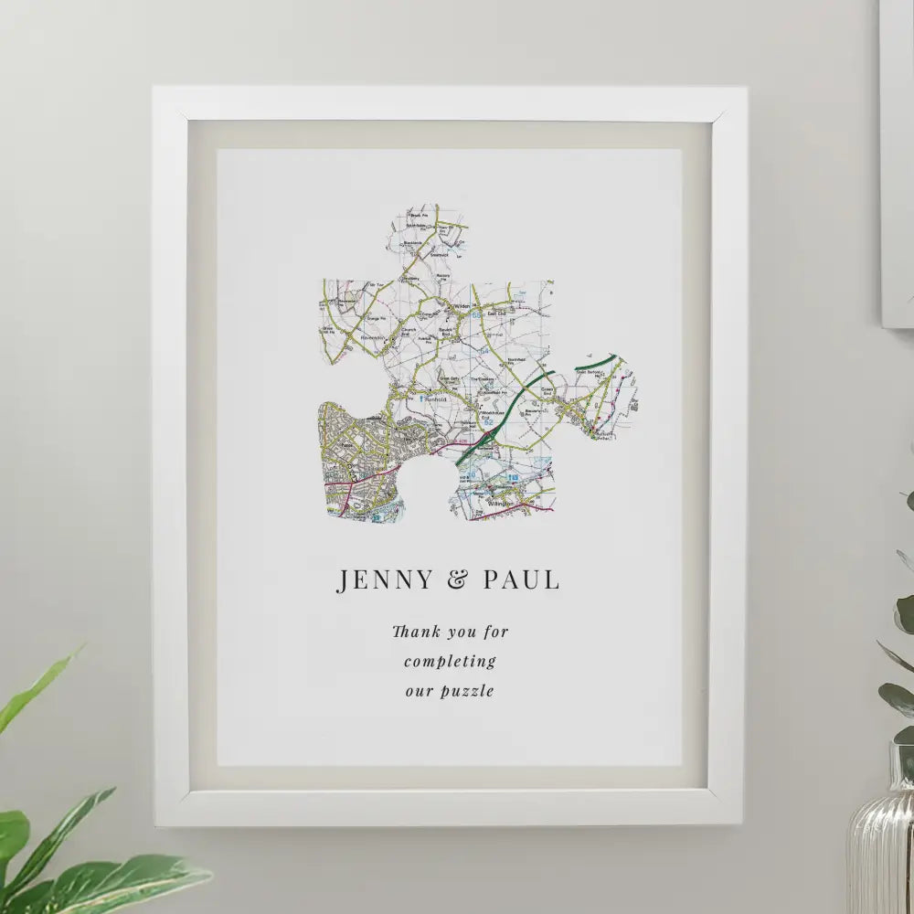 Poster Frames Personalised Present Day Map Puzzle Piece White Poster Frame