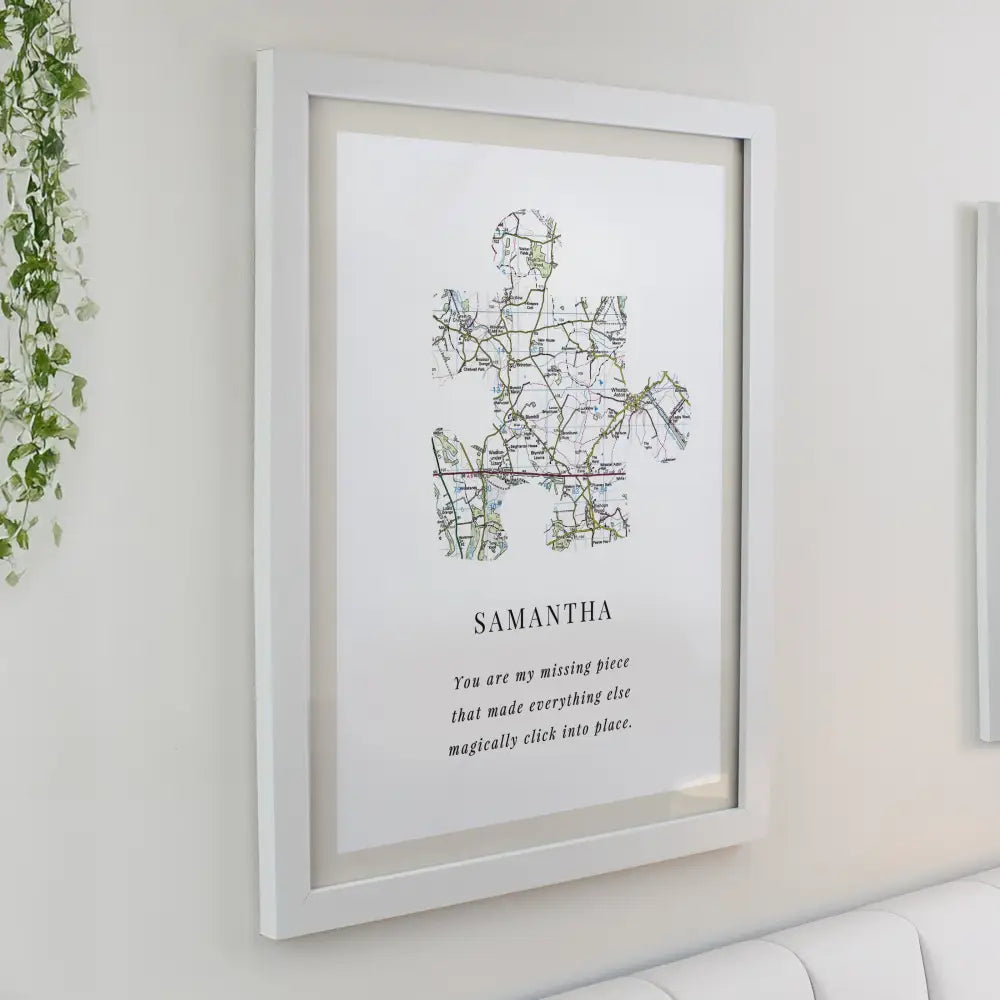 Poster Frames Personalised Present Day Map Puzzle Piece White Poster Frame