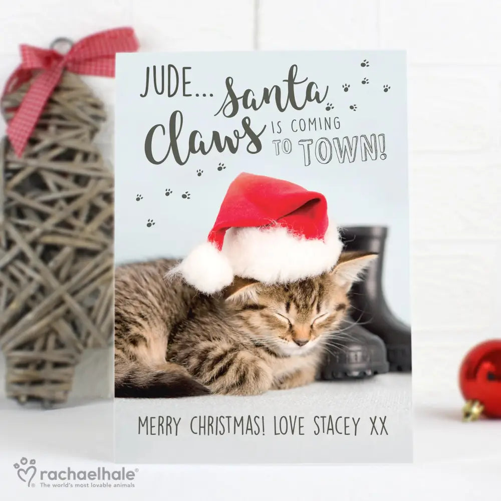 Greetings Cards Personalised Rachael Hale Santa Claws Christmas Cat Card