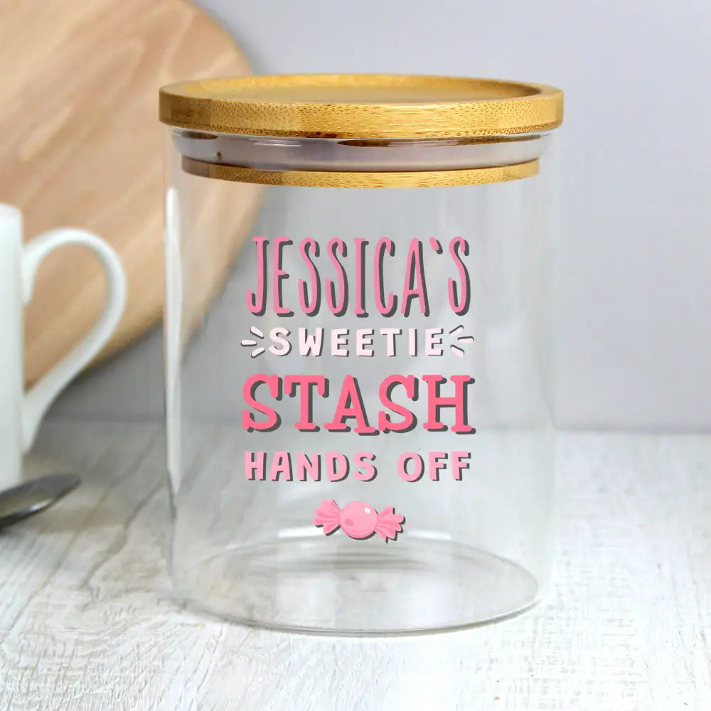 Storage Personalised Sweetie Stash Glass Jar with Bamboo Lid