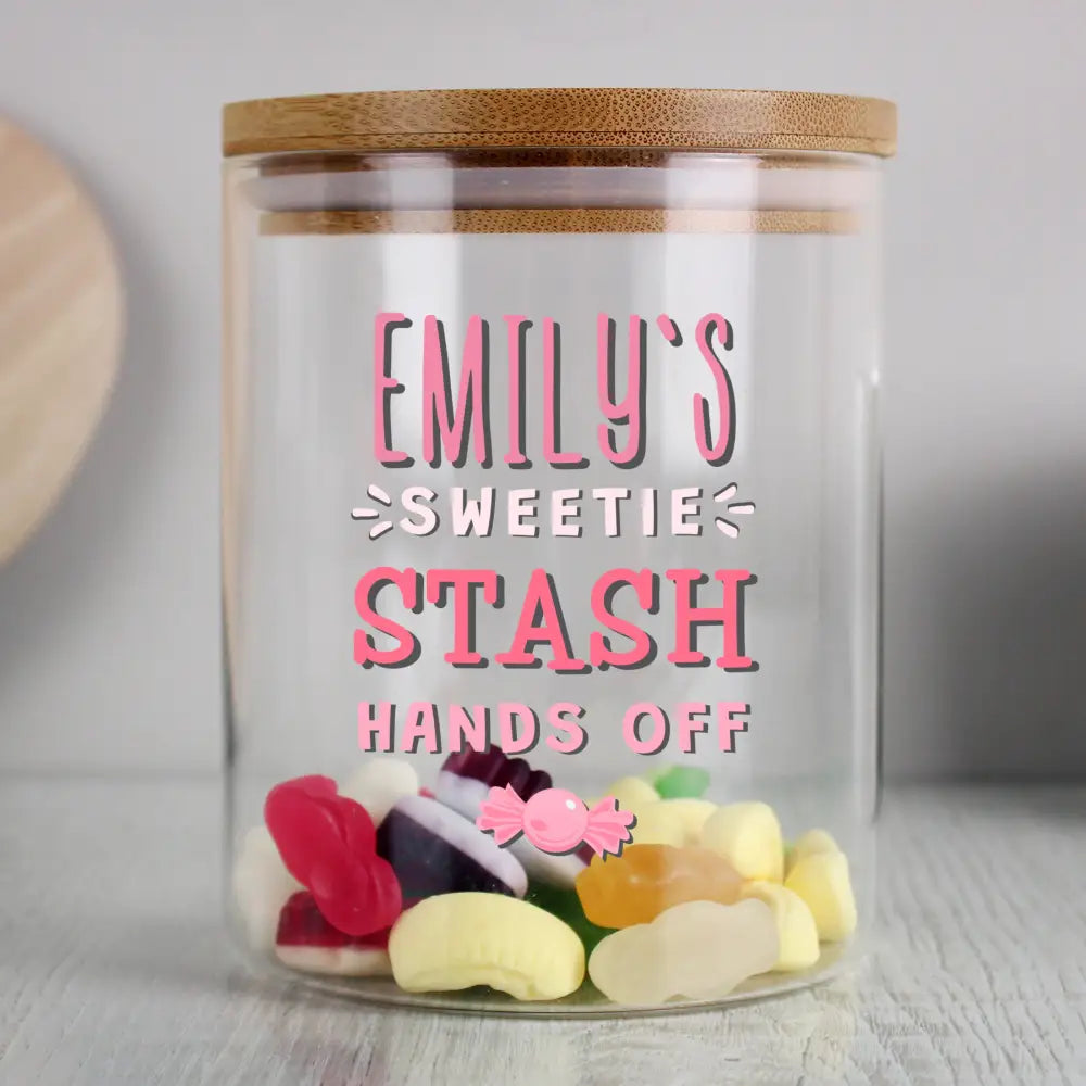 Storage Personalised Sweetie Stash Glass Jar with Bamboo Lid
