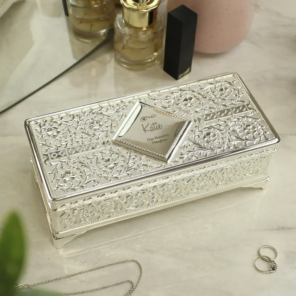 Trinket, Jewellery & Keepsake Boxes Personalised Swirls & Hearts Antique Silver Plated Jewellery Box