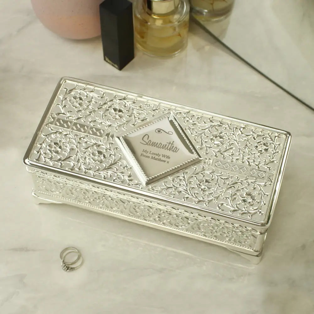 Trinket, Jewellery & Keepsake Boxes Personalised Swirls & Hearts Antique Silver Plated Jewellery Box