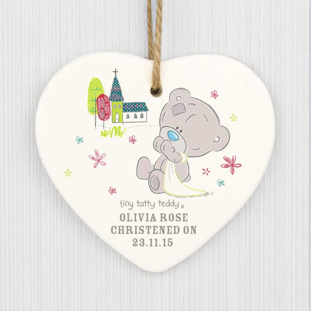 Christmas Decorations Personalised Tiny Tatty Teddy Christening Ceramic Heart Decoration