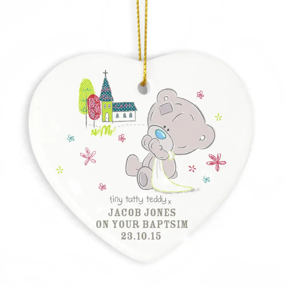 Christmas Decorations Personalised Tiny Tatty Teddy Christening Ceramic Heart Decoration