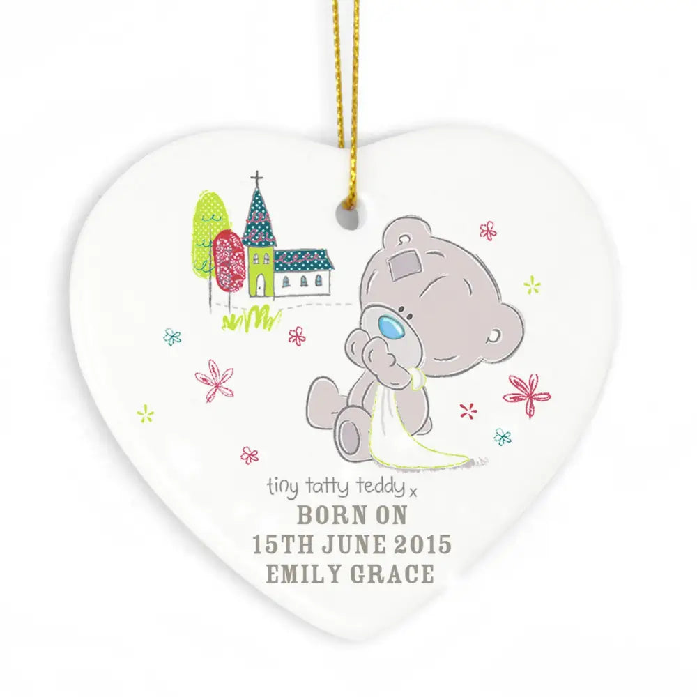 Christmas Decorations Personalised Tiny Tatty Teddy Christening Ceramic Heart Decoration