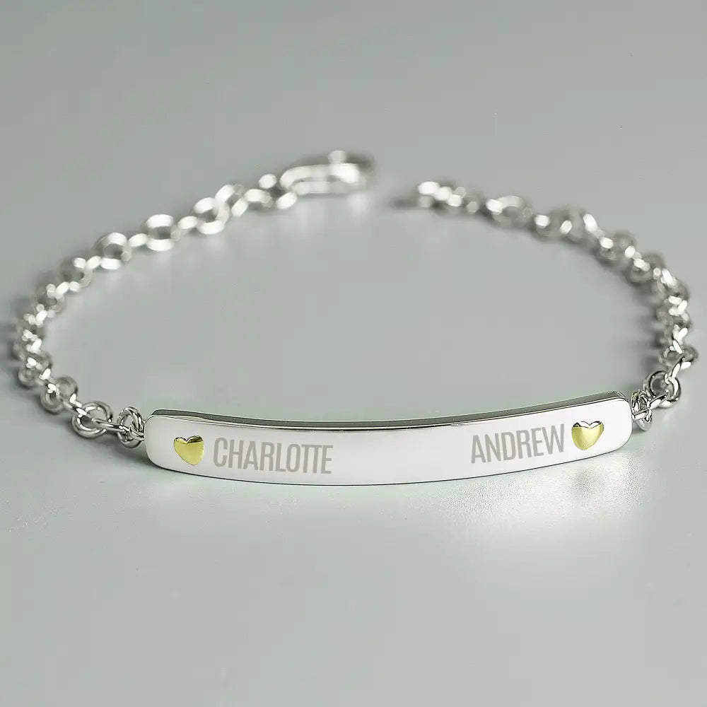 Jewellery Personalised Two Names Sterling Silver and 9ct Gold Bar Bracelet
