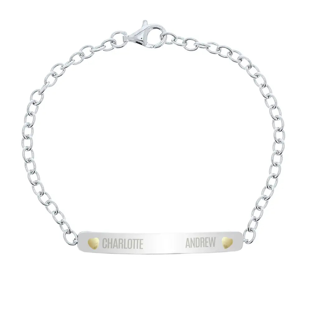 Jewellery Personalised Two Names Sterling Silver and 9ct Gold Bar Bracelet