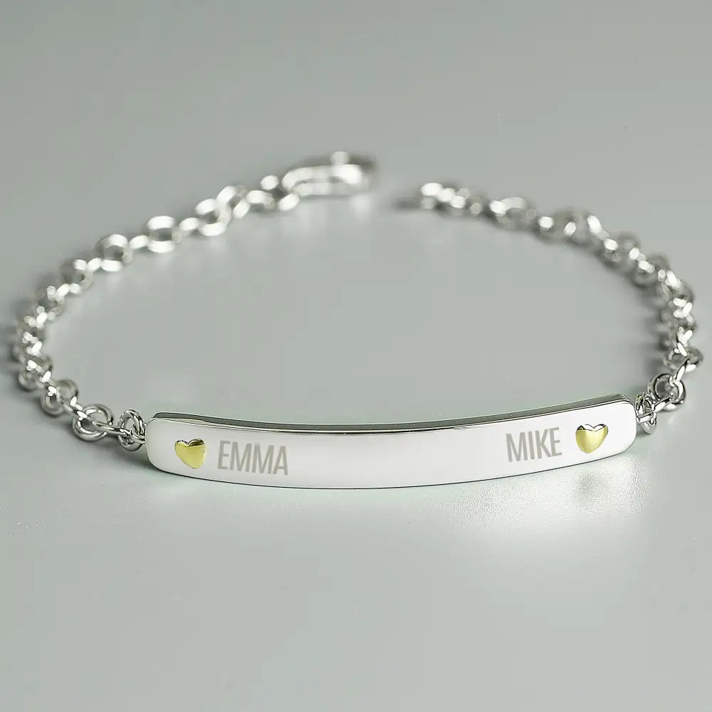 Jewellery Personalised Two Names Sterling Silver and 9ct Gold Bar Bracelet