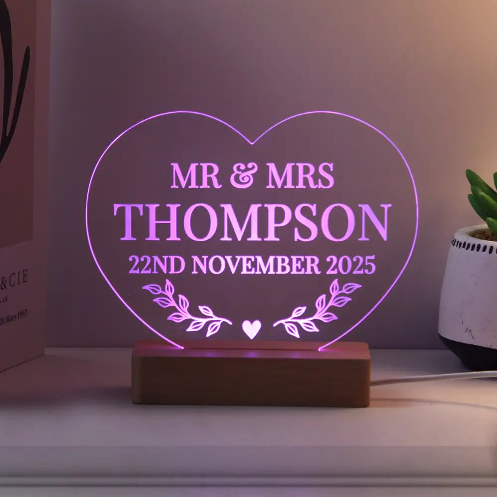 LED Lights, Candles & Decorations Personalised Wedding Heart LED Light