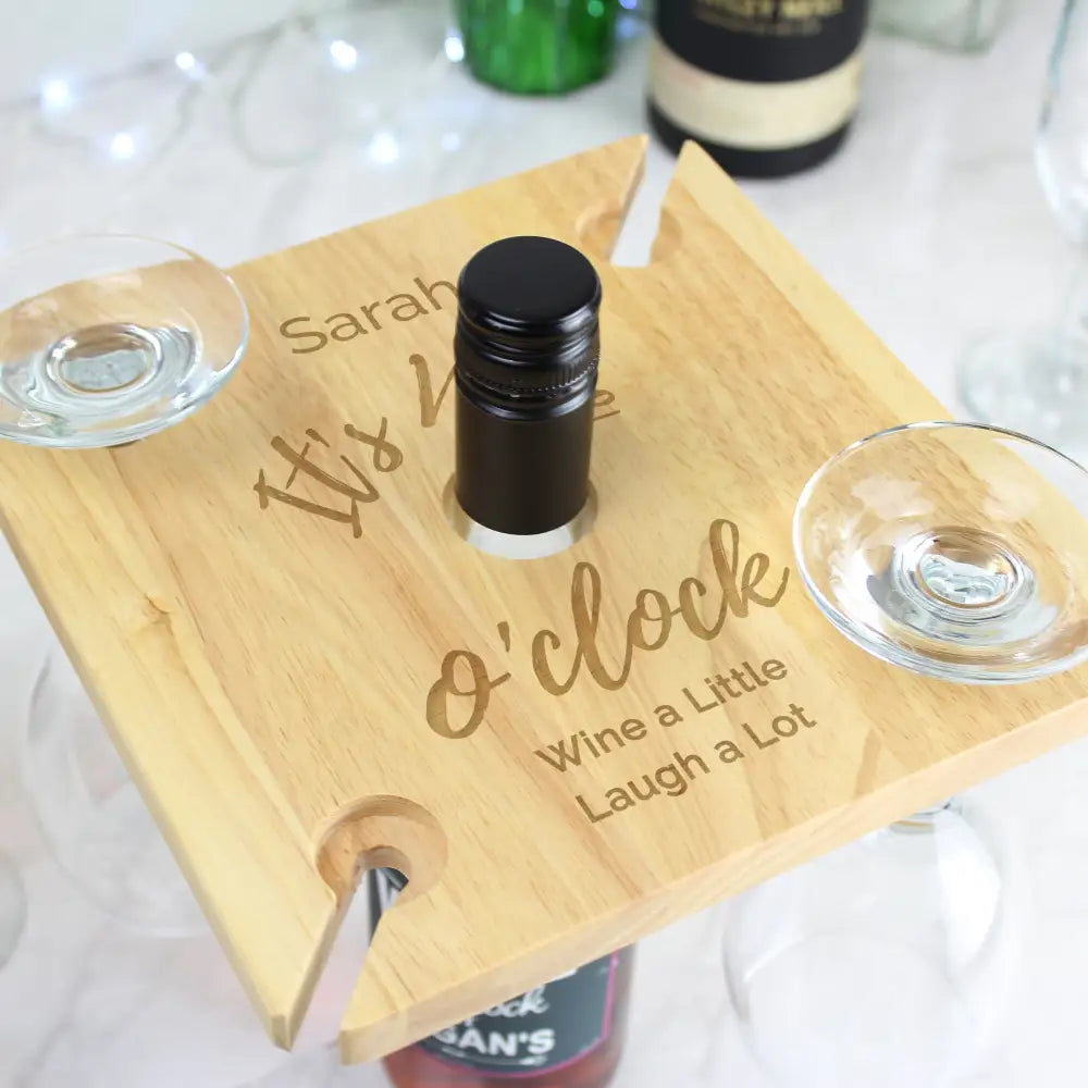 Wooden Personalised Wine O'clock Four Wine Glass Holder & Bottle Holder