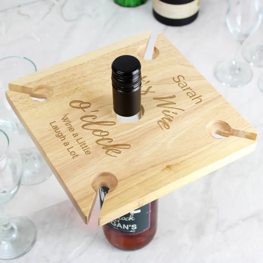 Wooden Personalised Wine O'clock Four Wine Glass Holder & Bottle Holder