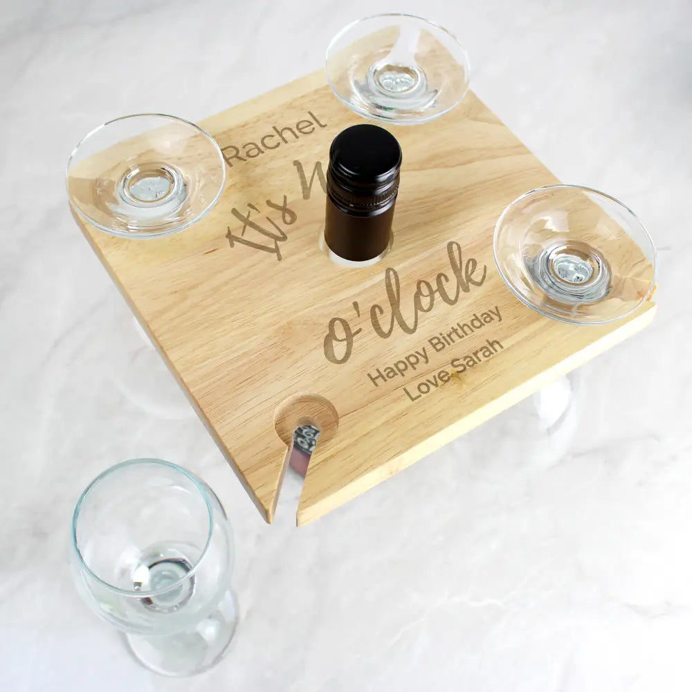 Wooden Personalised Wine O'clock Four Wine Glass Holder & Bottle Holder