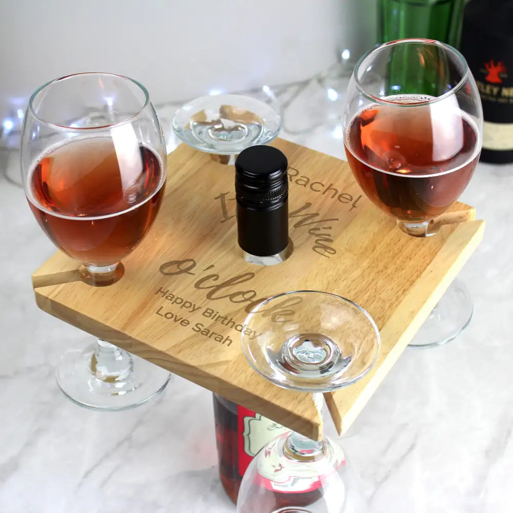 Wooden Personalised Wine O'clock Four Wine Glass Holder & Bottle Holder
