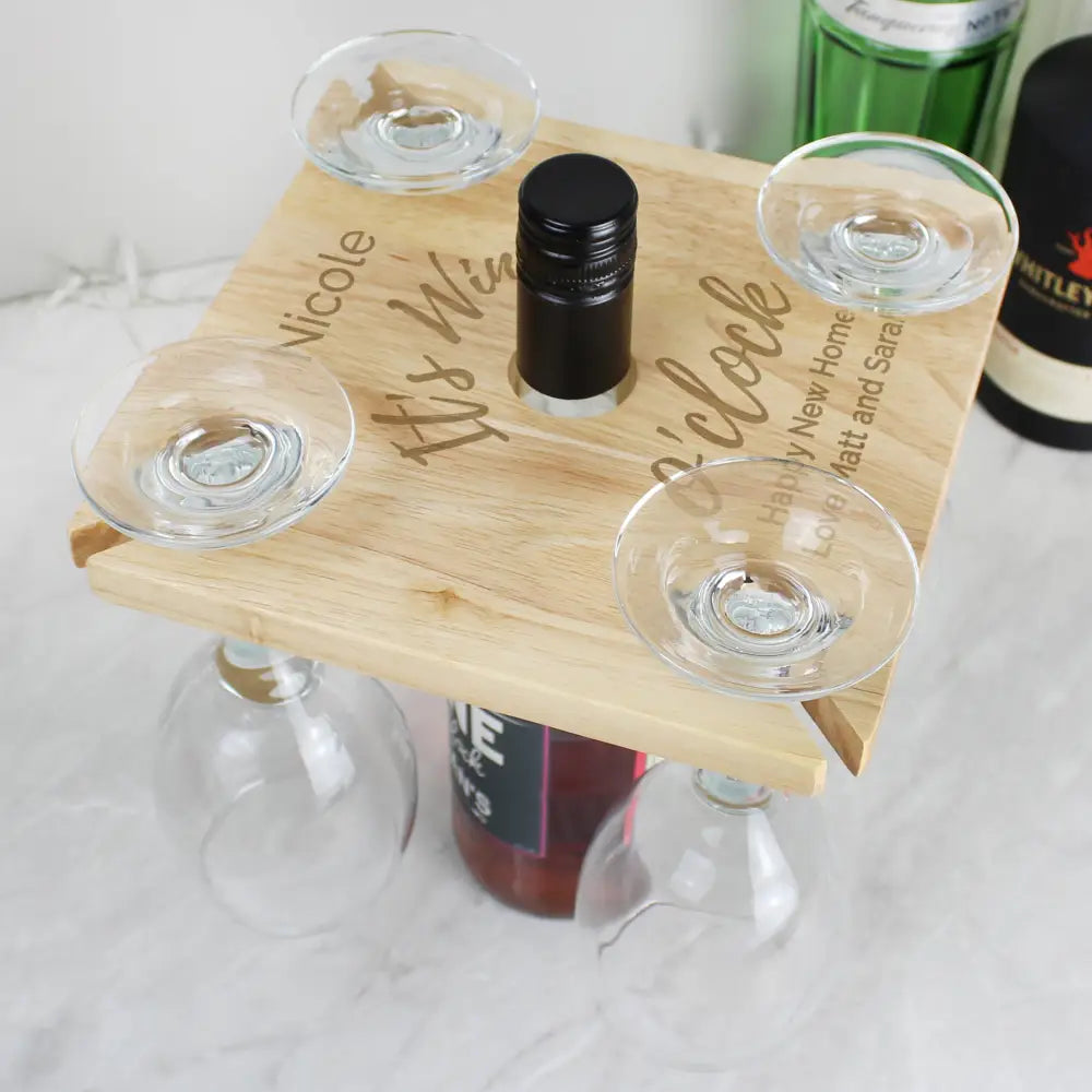 Wooden Personalised Wine O'clock Four Wine Glass Holder & Bottle Holder